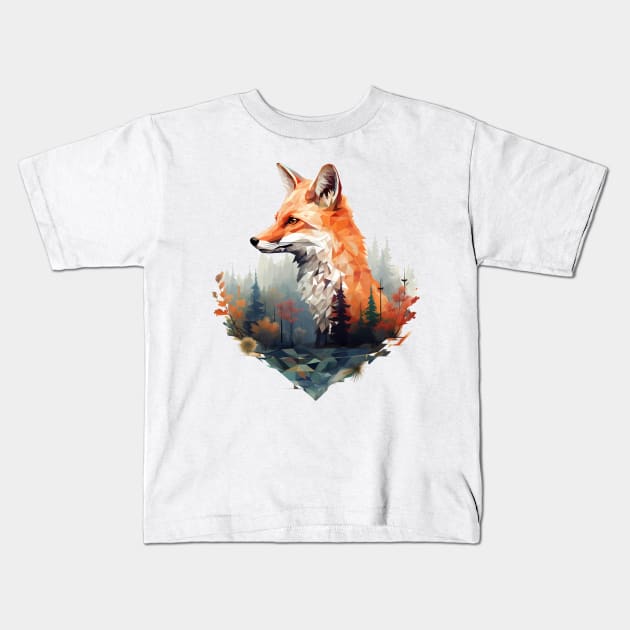 Geometric fox with forest in triangle look Kids T-Shirt by Unelmoija